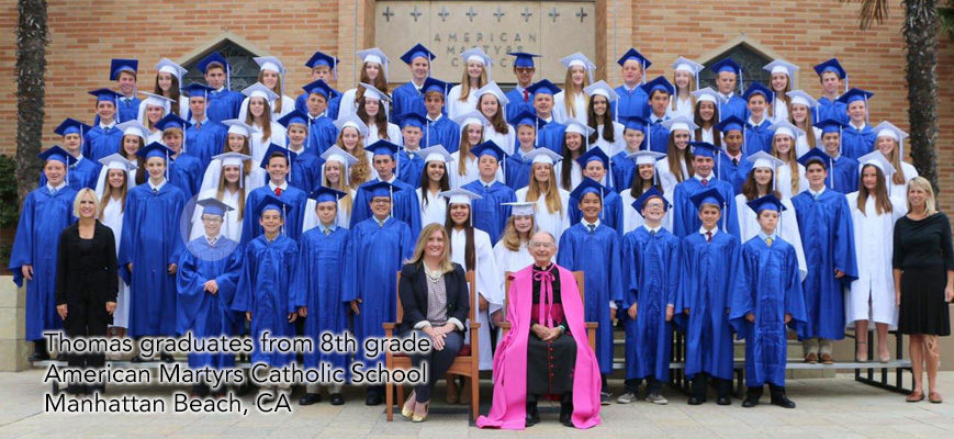 Thomas graduates from 8th grade, American Martyrs School, CA